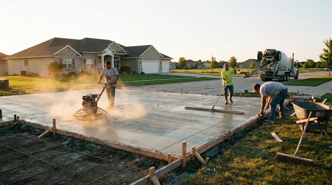 Front yard of a suburban home, fresh poured concrete driveway being finished in late afternoon. A crew of three masons working a freshly poured slab with power trowel, bull float, and concrete edger. Forms still in place along the edges, rebar tied at expansion joints, control lines snapped fresh on the wet finish. Concrete mixer truck pulling away in the background.