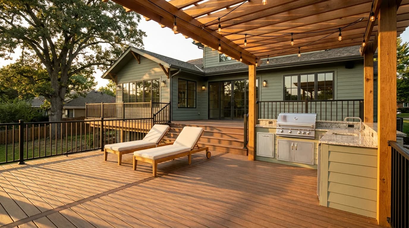 Backyard of a modern craftsman home at golden hour with a finished composite deck installation. A multi-level TimberTech composite deck in warm cocoa tones with black aluminum Westbury railings, an integrated outdoor kitchen with stainless grill and granite counter, hanging string lights overhead, two teak loungers with cream cushions. Pergola with cedar beams casting long shadows.