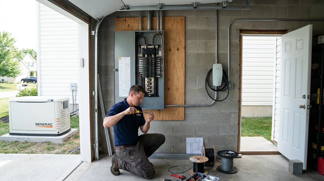 Open garage of a suburban home, newly installed Square D 200-amp main breaker panel mounted on plywood with door open showing neat labeled breakers, EMT conduit running to a freshly installed Tesla Wall Connector EV charger, a Generac standby generator on a pad just outside the side door. A licensed electrician in a navy polo torquing a lug.