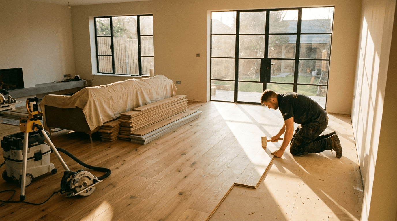 Interior of an open-plan living room at golden hour, mid-installation of wide-plank European white oak engineered hardwood flooring. Two-thirds of the room is installed with the floor sweeping diagonally toward steel-framed windows; remaining boards stacked along the wall. A flooring installer kneeling with tapping block and pull bar, fitting a board against the tongue and groove.