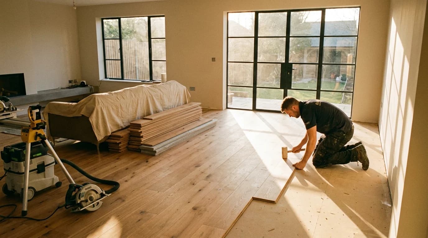 Interior of an open-plan living room at golden hour, mid-installation of wide-plank European white oak engineered hardwood flooring. Two-thirds of the room is installed with the floor sweeping diagonally toward steel-framed windows; remaining boards stacked along the wall. A flooring installer kneeling with tapping block and pull bar, fitting a board against the tongue and groove.
