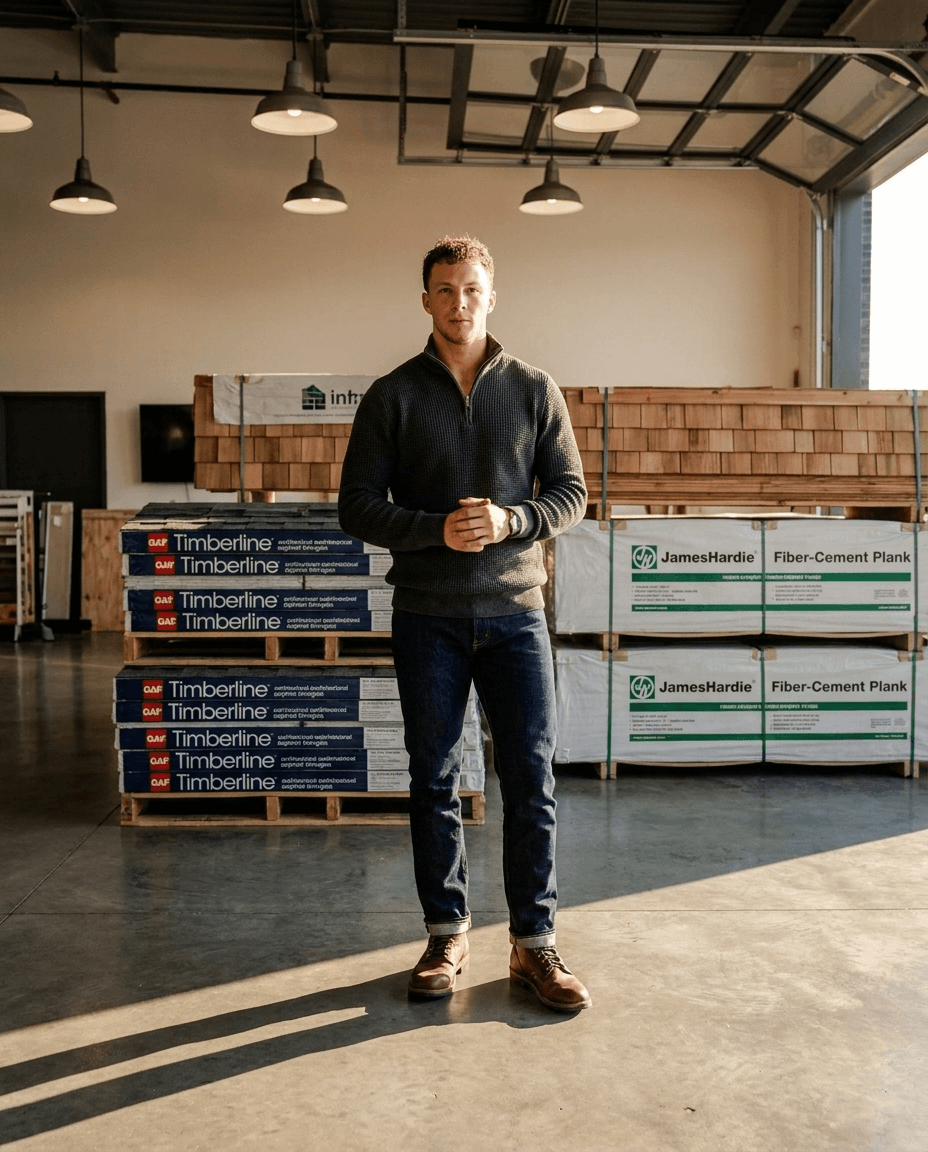 Hayden Mitchell standing in a materials warehouse wearing a charcoal half-zip pullover and indigo jeans. Stacks of GAF Timberline architectural asphalt shingles and James Hardie Fiber-Cement Plank palletted behind him, cedar shingles racked at the back, industrial pendant lights overhead.