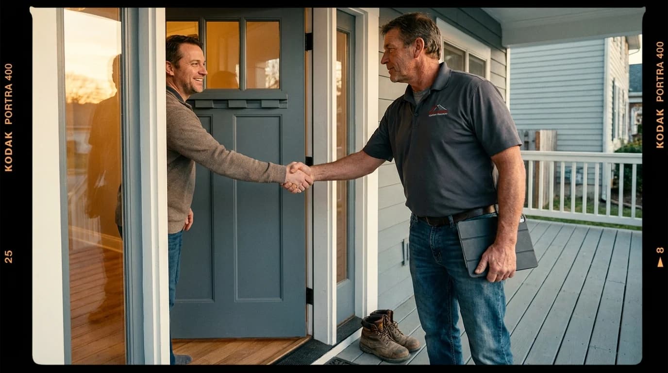 Front-porch handshake between a roofing contractor in a branded polo with an iPad under his arm and a homeowner husband in his 50s at the threshold of a slate-grey front door. Kodak Portra 400 film border visible.