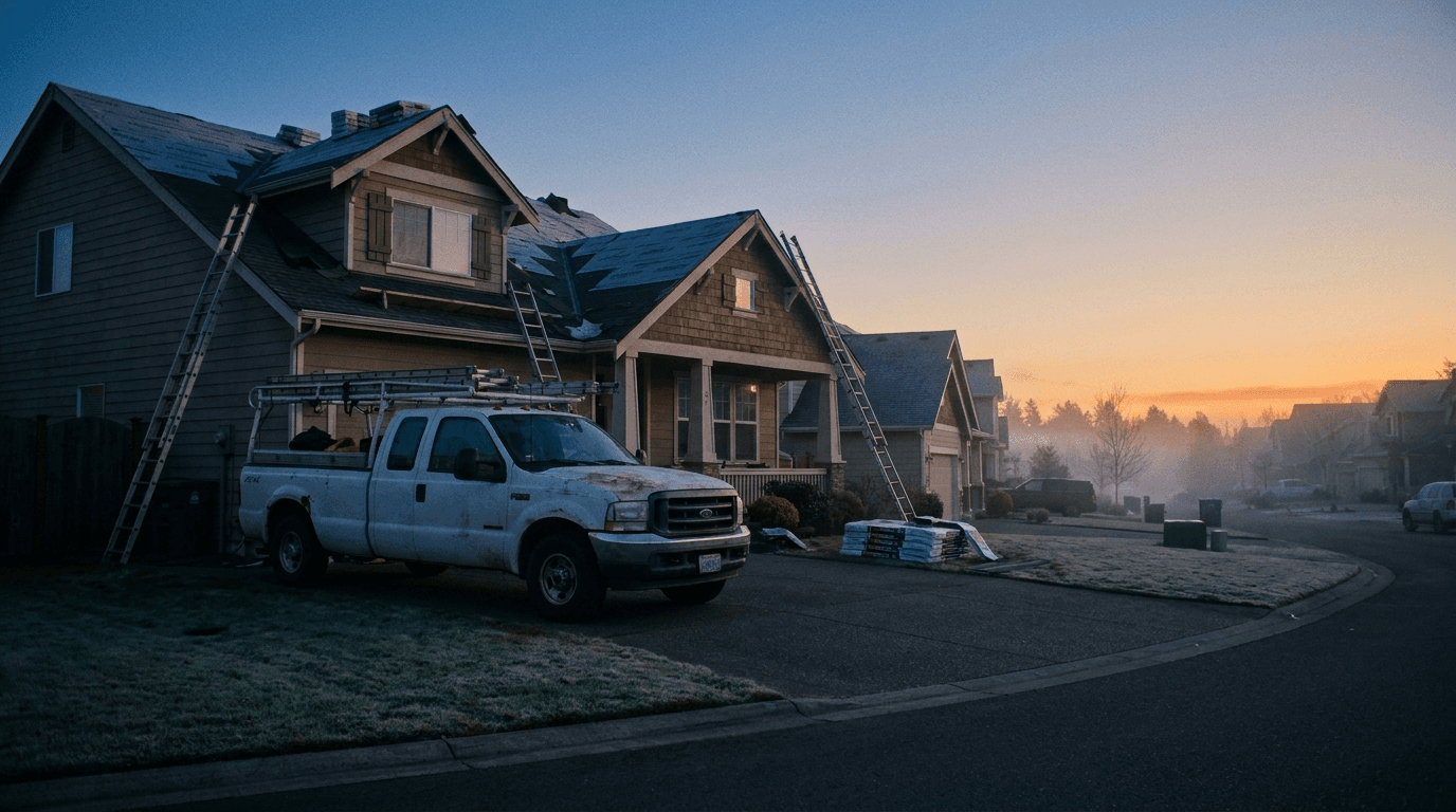 Pre-dawn residential roofing jobsite. Ford F-250 work truck in the driveway, two ladders against the eaves of a craftsman home with the roof half-stripped. Warm ember sunrise on the horizon, fog in the cul-de-sac.