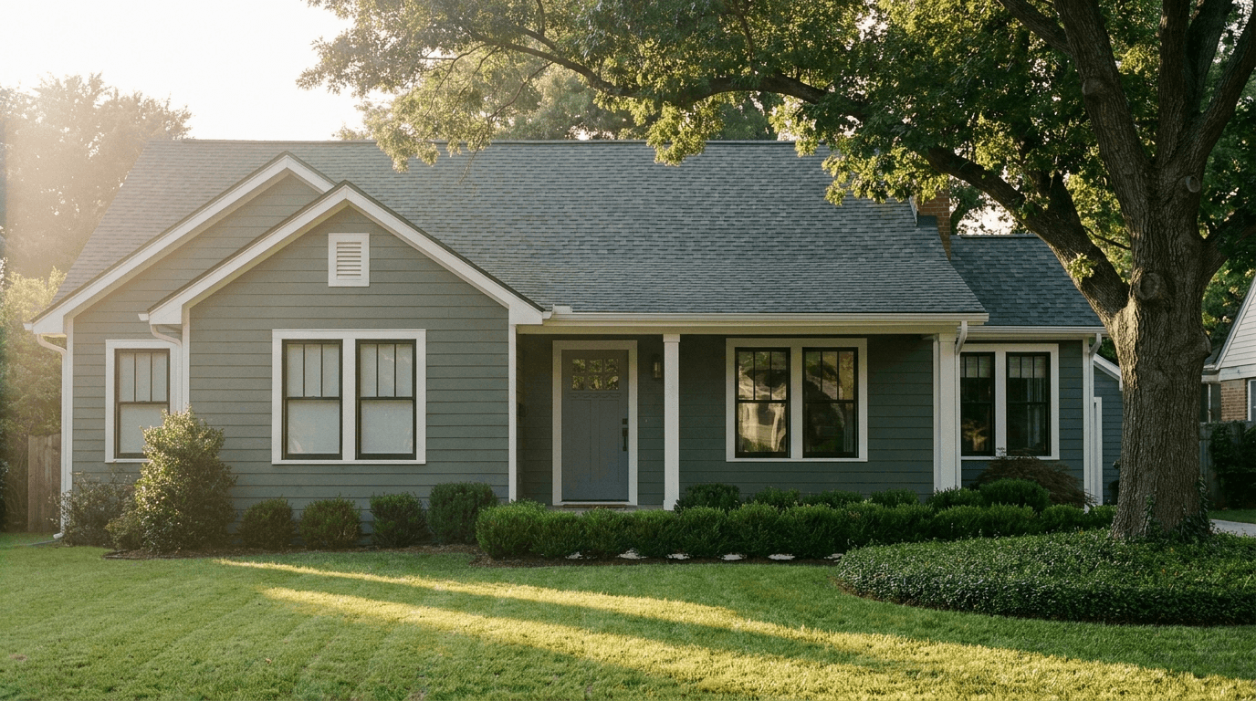Front elevation of a finished craftsman home at golden hour. New dark architectural roof, sage fiber-cement siding, white trim, slate-grey door, mature oak tree casting a long shadow across the lawn.