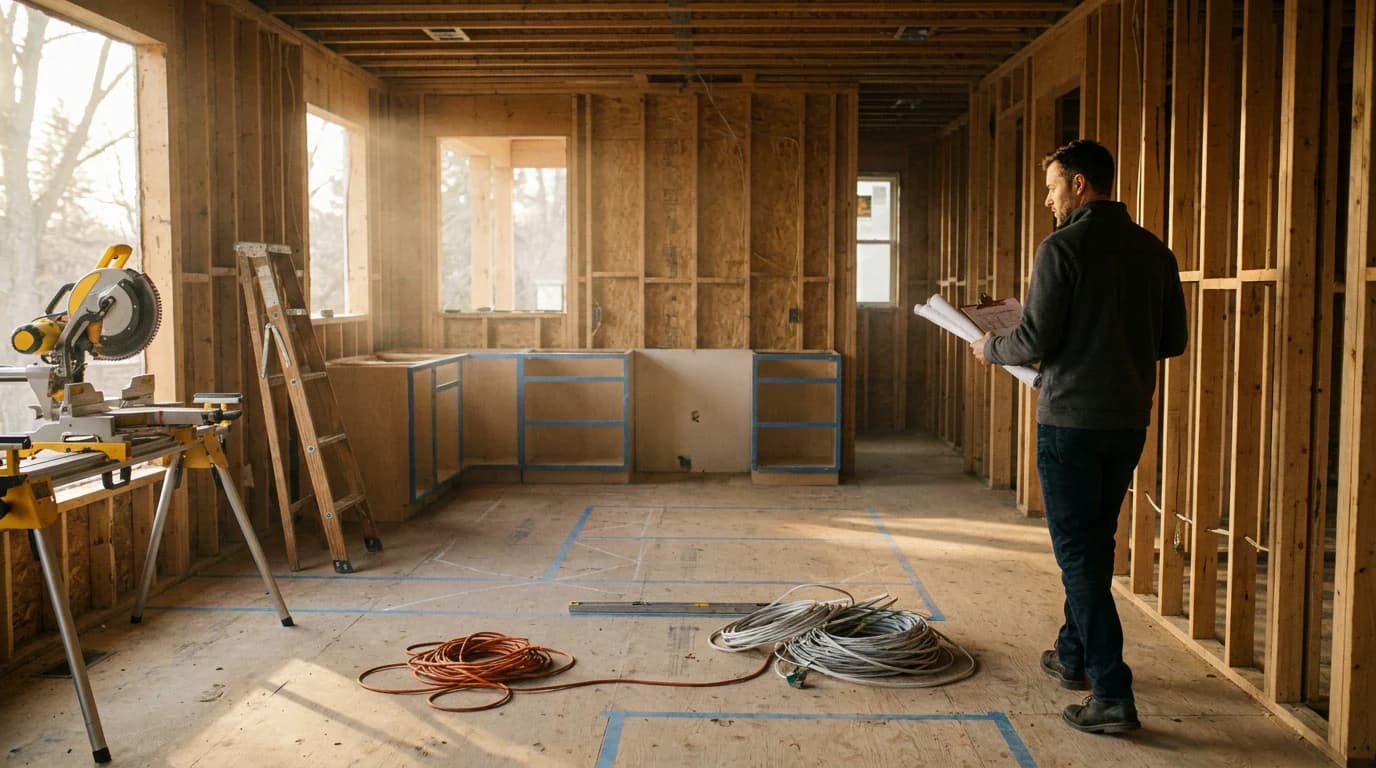Interior of a high-end gut renovation in progress. Open kitchen and great-room stripped to studs, exposed 2x6 framing, plywood subfloor, blue chalk lines marking cabinet runs, a miter saw on a folding stand, coiled extension cord and electrical wiring on the floor. A general contractor in a charcoal half-zip pullover holds a clipboard, reviewing the framed wall.