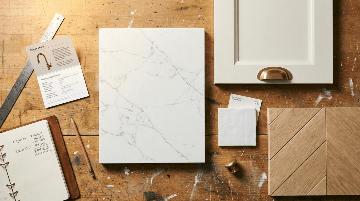 Top-down flat-lay on a contractor's wooden workbench. Materials selection layout for a high-end kitchen remodel: a calacatta-look quartz countertop slab, a warm-white inset-panel cabinet door with a brass cup pull, an oak chevron floor sample, a paint chip, brass faucet specs, a leather notebook open with handwritten figures including '$94,200', a metal ruler and pencil.