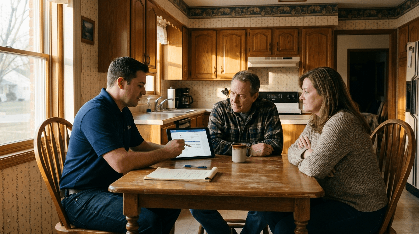 A sales rep in a navy polo sits across a wooden kitchen table from a homeowner couple in their 50s, studying an iPad together. Warm afternoon window light.