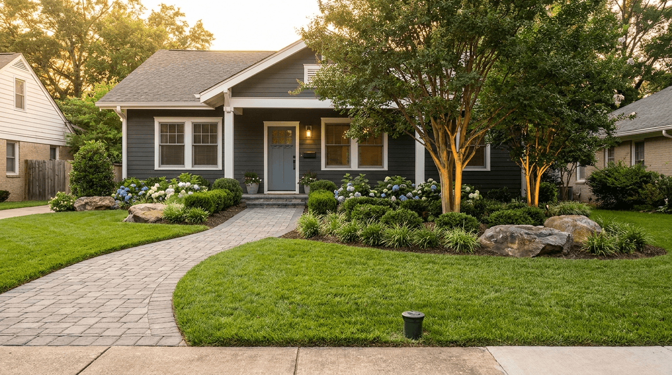 Front yard transformation of a craftsman home at golden hour. Newly installed Belgard paver walkway leading to the front porch, fresh sod, layered plantings of boxwood, hydrangea, and ornamental grasses, accent boulders, and uplights at the base of a mature crepe myrtle. Hunter irrigation visible in the lawn. Dark charcoal fiber cement siding with white trim, slate-grey front door.