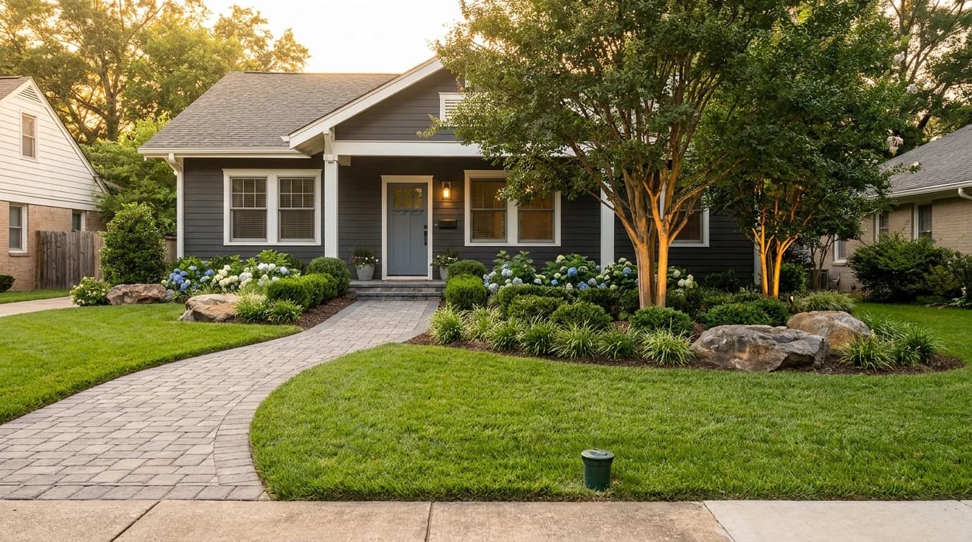Front yard transformation of a craftsman home at golden hour. Newly installed Belgard paver walkway leading to the front porch, fresh sod, layered plantings of boxwood, hydrangea, and ornamental grasses, accent boulders, and uplights at the base of a mature crepe myrtle. Hunter irrigation visible in the lawn. Dark charcoal fiber cement siding with white trim, slate-grey front door.