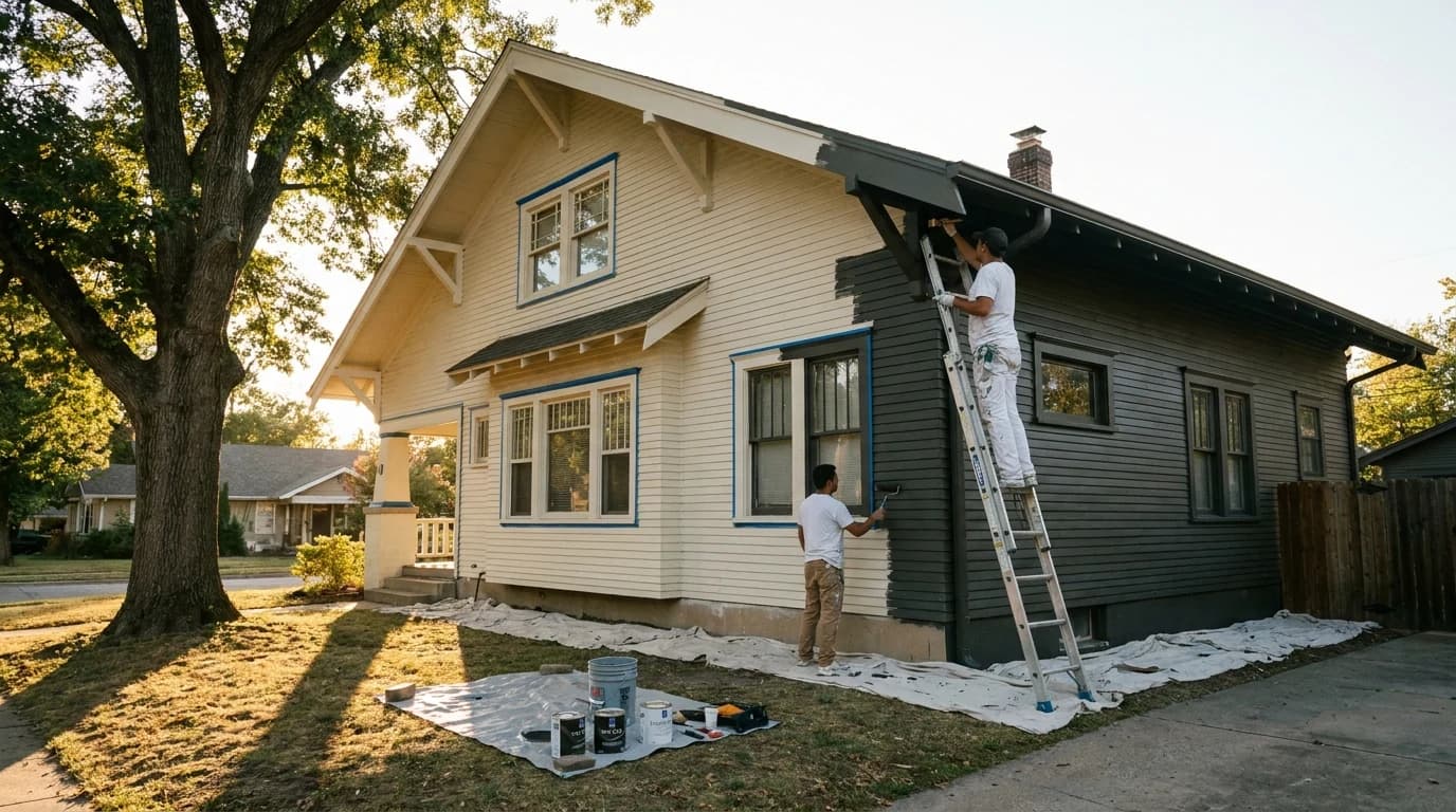 Exterior of a two-story craftsman home in mid-painting at golden hour. The right half is freshly painted Sherwin-Williams Iron Ore deep warm gray, the left half still original cream, with crisp masking tape along the trim. A painter on a Werner extension ladder cutting in the eave, a second painter rolling the lower wall, canvas drop cloths along the foundation, paint cans on a tarp.