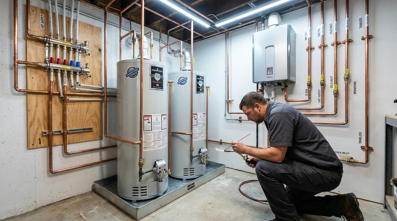 Newly finished basement utility room. A pair of Bradford White 50-gallon natural gas water heaters on a metal catch pan, brand new soldered copper supply lines and a Pex manifold mounted on plywood, a Rheem tankless water heater on the wall, isolation ball valves and labeled supply lines. A plumber in a charcoal work shirt with torch and brazing rod tightening a fitting.