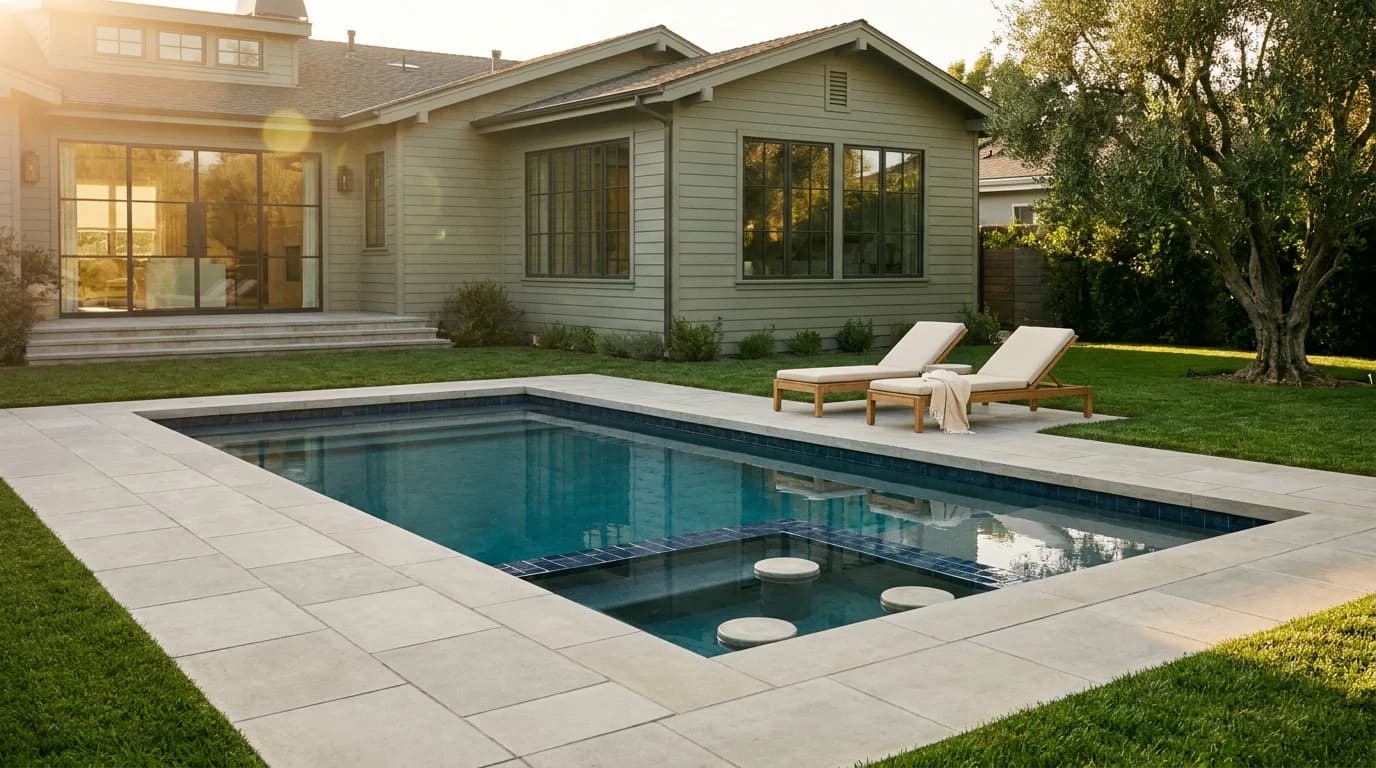 Backyard of a luxury home at golden hour, finished swimming pool installation. A rectangular pool with limestone coping, midnight-blue waterline tile, in-pool tanning ledge, surrounded by large-format limestone pavers. A sage-green craftsman home with steel-framed windows behind, teak loungers with cream cushions, mature olive tree casting a long shadow.