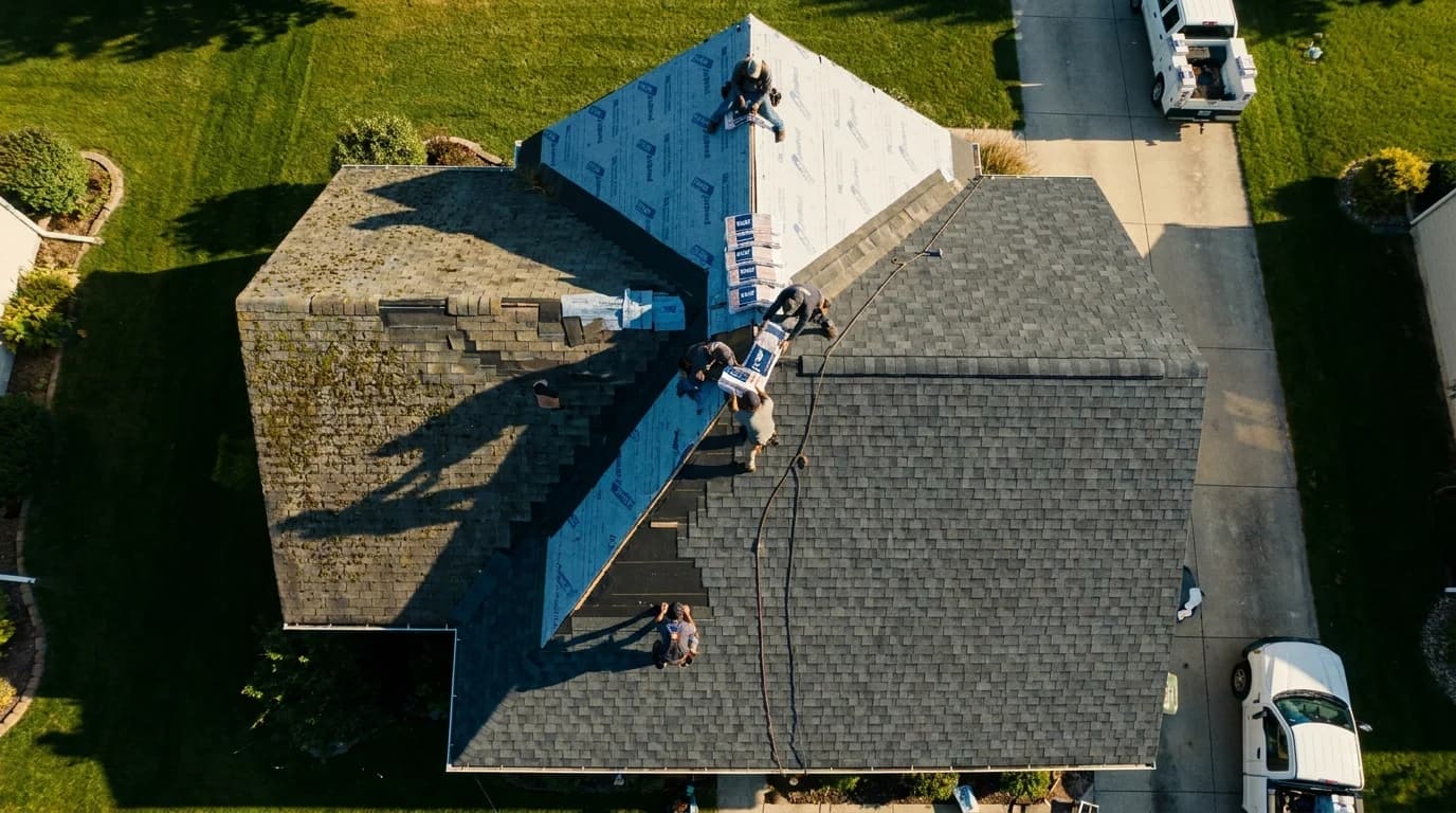 Aerial drone shot of a residential roof in mid-installation. Three crew members on the ridge, half the roof showing fresh underlayment, half showing new architectural shingles. Suburban green lawn and work truck in the driveway.