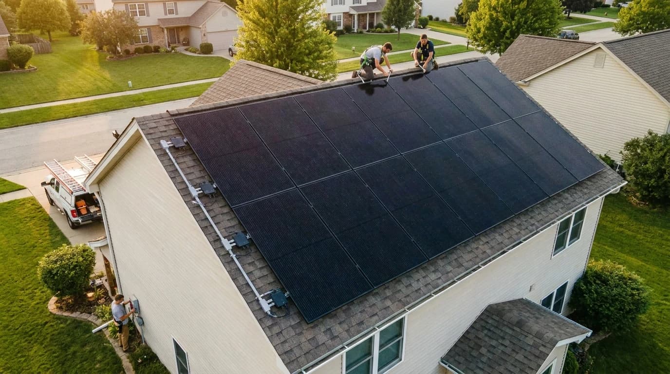 Aerial drone shot of a residential roof at golden hour, fresh solar installation in progress. A clean array of REC Alpha Pure-R 410W black-on-black panels in a 4x6 grid on the south-facing slope, Enphase IQ8 microinverters visible at panel corners, conduit running to a roof junction box. Two crew in safety harnesses tightening clamps, a third at the inverter on the ground.
