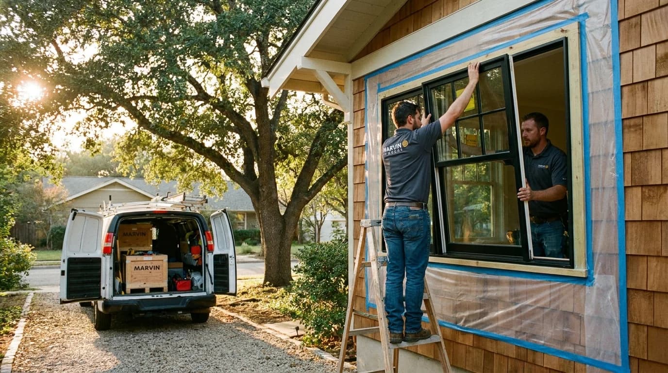 Exterior window-replacement scene. Two crew members in dark grey company polos installing a large black-framed Marvin Signature Ultimate double-hung window into a cedar-shingled craftsman home, one on a ladder steadying it from outside, another guiding from inside. A work van with the rear doors open in the driveway showing more Marvin window crates. Mature oak tree, golden hour light.
